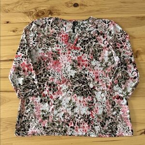 Cathy White with Red Pattern Long Sleeve Top Blouse Size XL